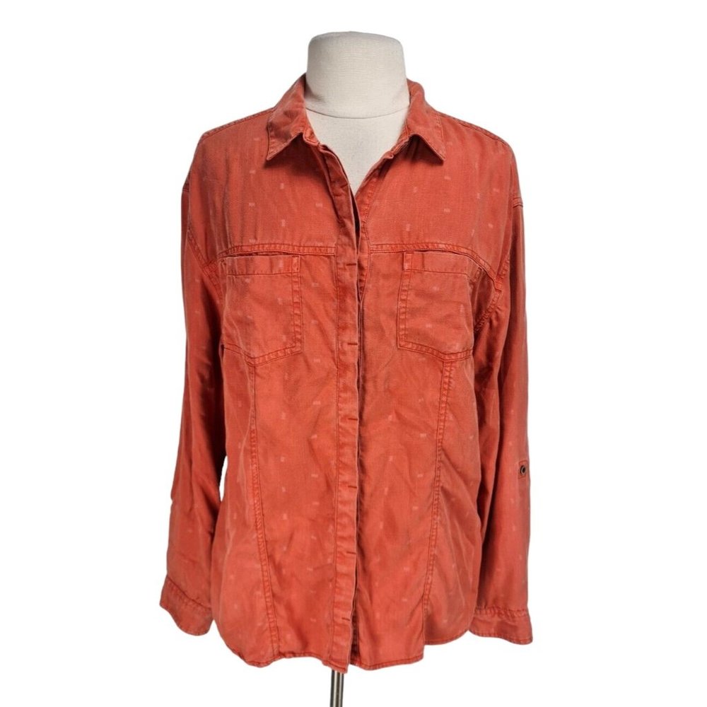 prAna Womens Button Up Top Size L Deep Orange Long Sleeve Chambray   28 P